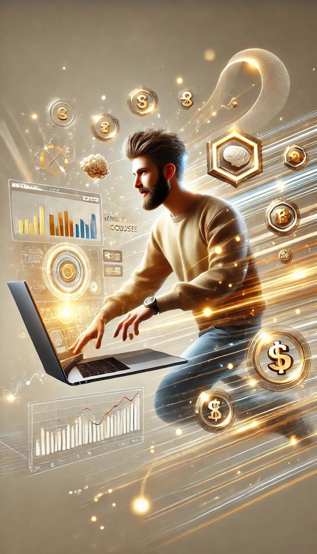 DALL·E 2025-03-25 12.26.42 - A dynamic, realistic 3D-style digital illustration in vertical format. A young man with a full beard is energetically working at a modern laptop, whic.webp