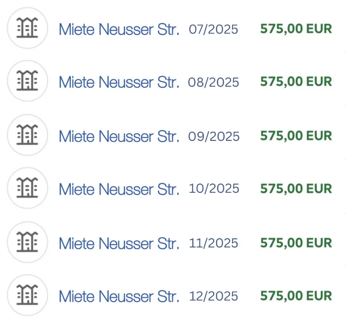 Monatliche Mieteingänge Neusser Straße