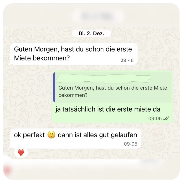 WhatsApp-Nachricht: erste Miete erhalten