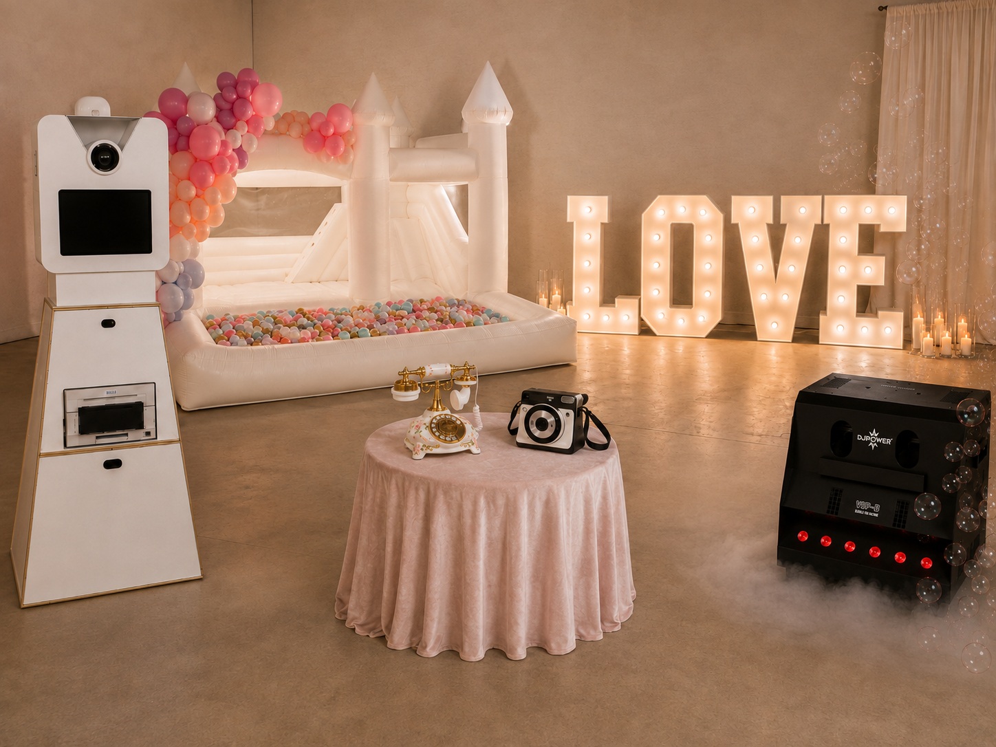 Eventvermietung Halle Leipzig mit Fotobox, weißer Hüpfburg, LOVE Buchstaben, Gästetelefon, Polaroidkamera und Seifenblasen-Nebelmaschine