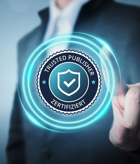 Geschäftsmann berührt Trusted Publisher Siegel