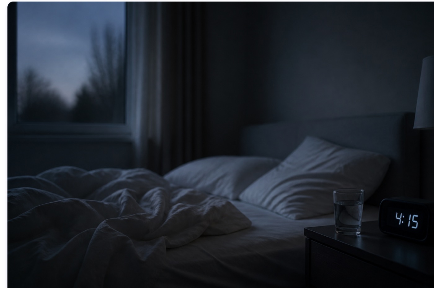 Schlafzimmer um Viertel nach vier, Wecker auf dem Nachttisch