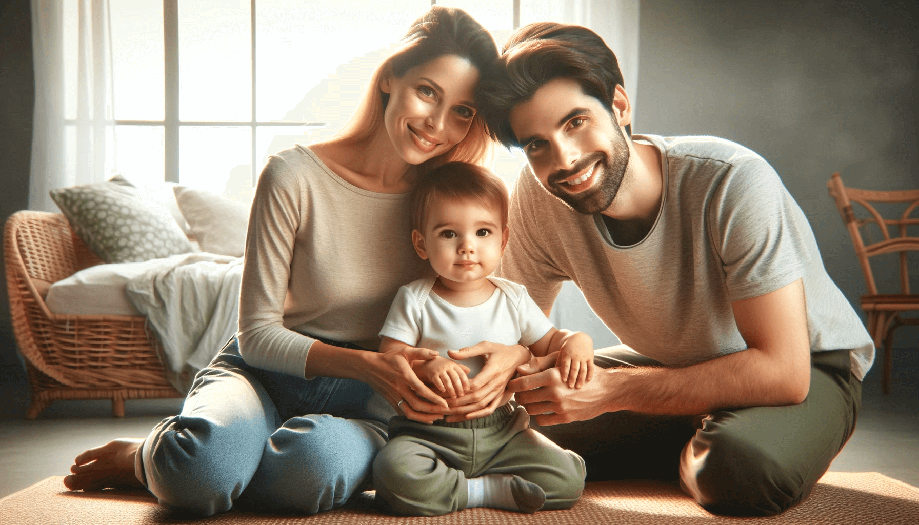 DALL·E 2023-12-15 19.29.55 - A portrait of a loving and protective scene between parents (man and woman) and their very young child, approximately 1 year old, captured as if taken.png