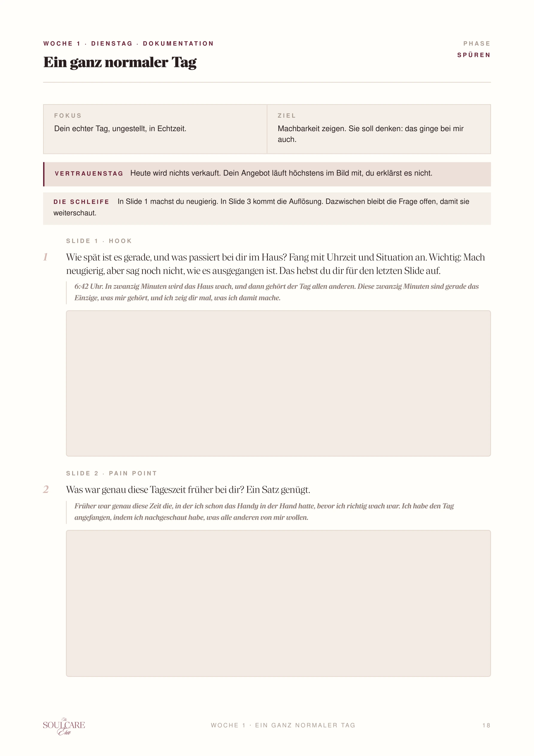 Original-Innenseite 18: Ein ganz normaler Tag, Slide 1 und 2 mit ausfüllbaren Feldern.