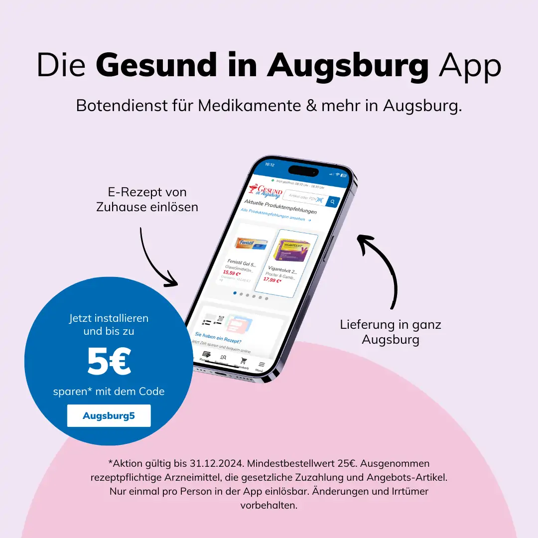 Darstellung der neuen "Gesund in Augsburg"-App - Online Einlösung von E-Rezepten, Botendienst, Rabattaktionen, Angebote und mehr.