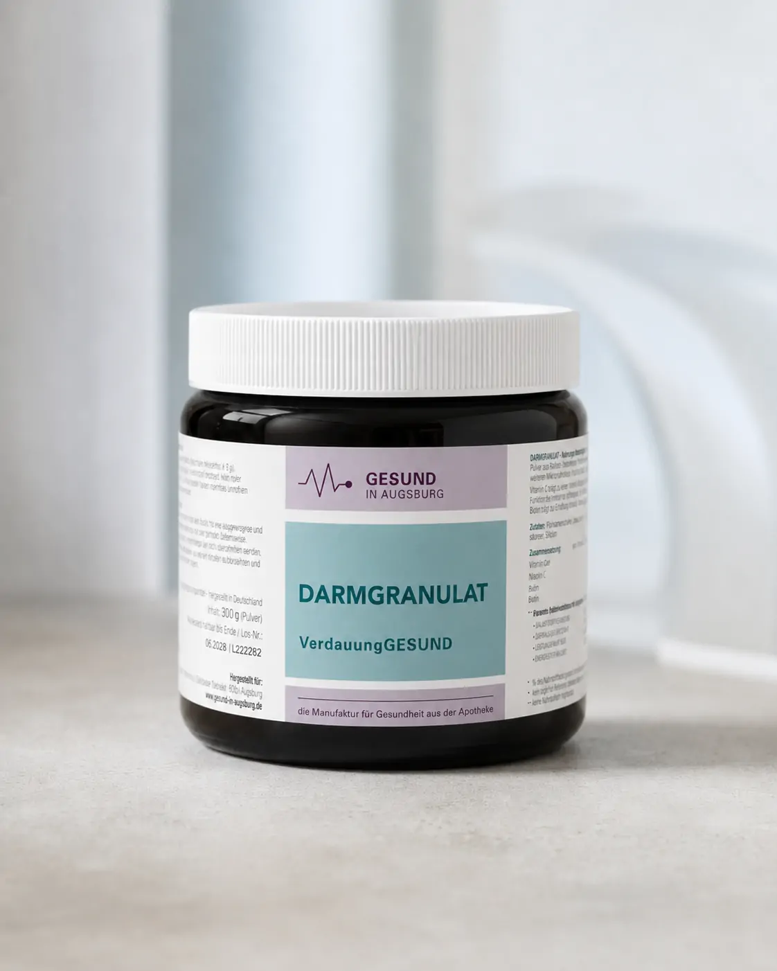 Dose mit Darmgranulat der Manufaktur für Gesundheit aus der Apotheke