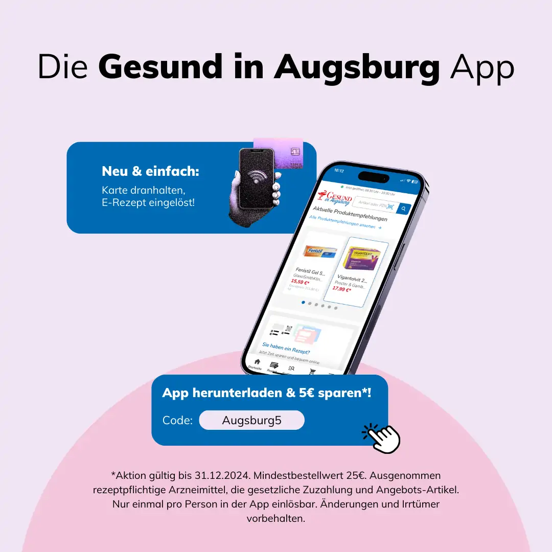 Darstellung der neuen "Gesund in Augsburg"-App - Online Einlösung von E-Rezepten, Botendienst, Rabattaktionen, Angebote und mehr.