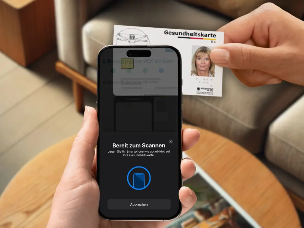 Ihr E-Rezept können Sie einfach mit unserer App und Ihrer elektronischen Gesundheitskarte bzw. Krankenkassenkarte einlösen.