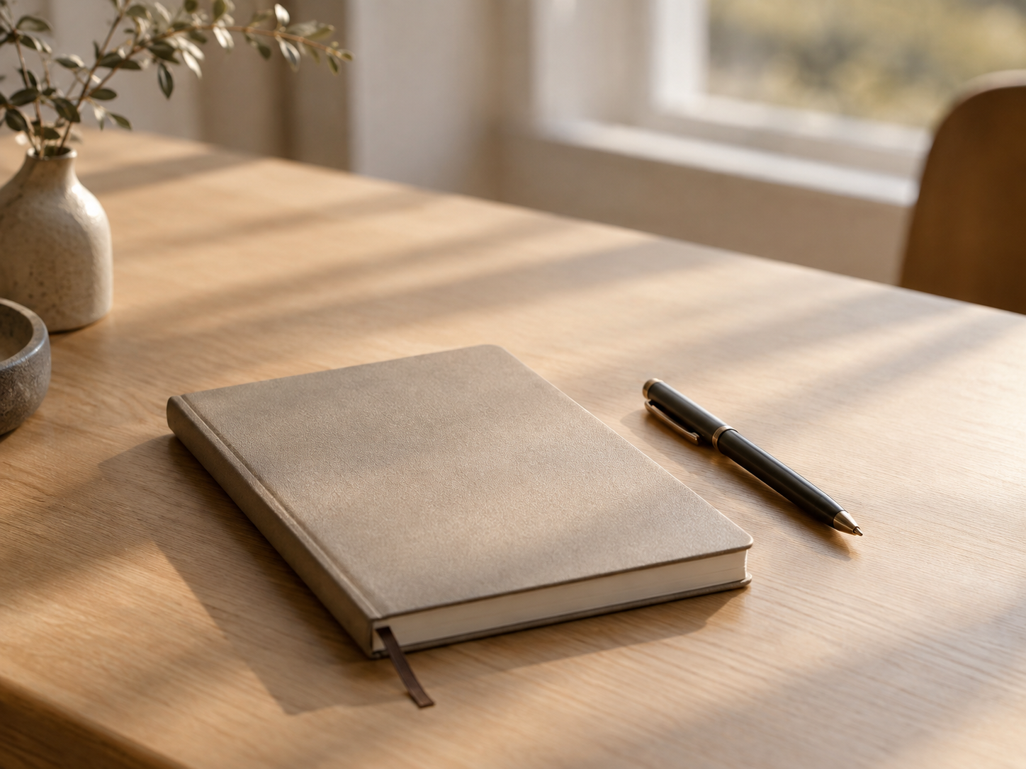 Notizbuch und Stift auf einem Tisch im warmen Tageslicht