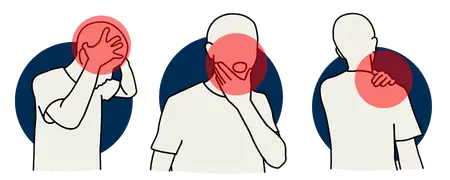 Schmerzmännchen mit Kopf- Kiefer- und Schulterschmerzen.