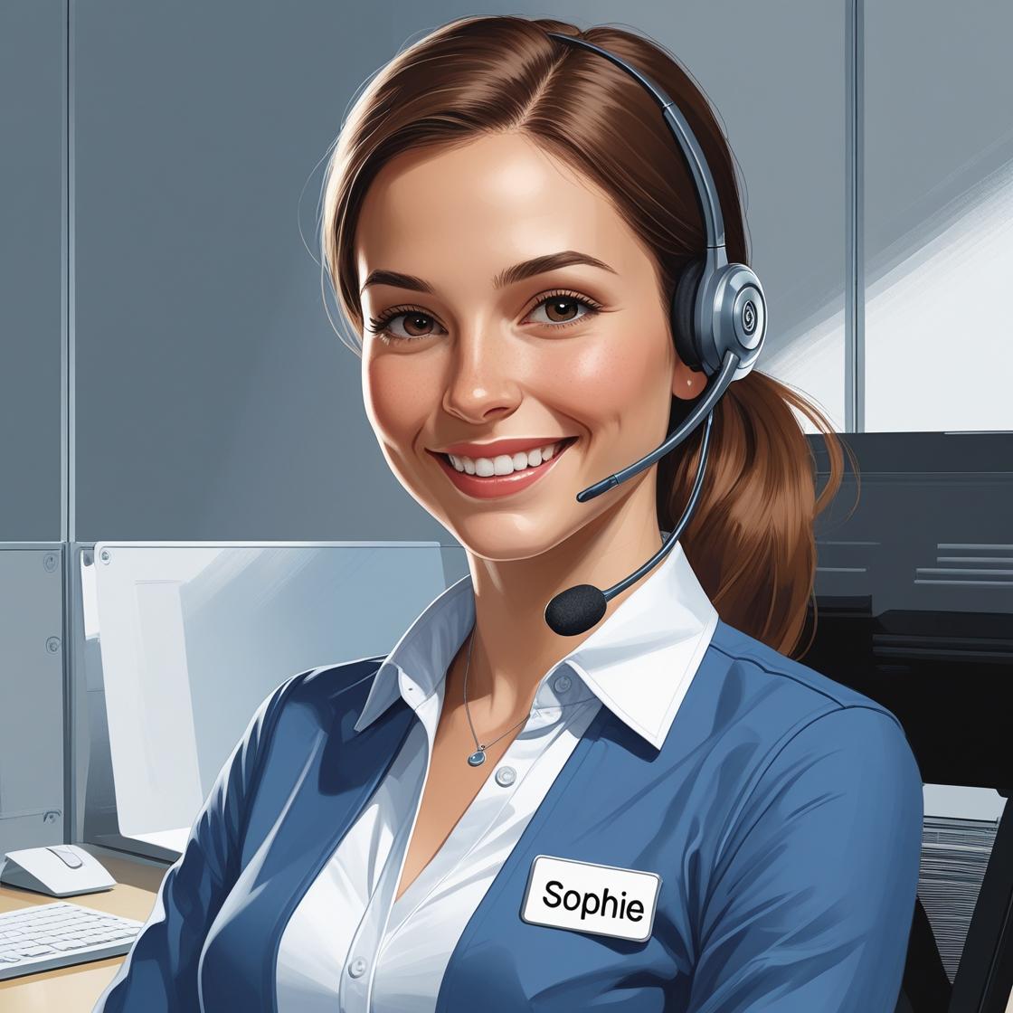 Sympathische, digitale Assistentin namens Sophie – als realistische, moderne Illustration einer jungen Frau, Mitte 30, freundlich lächelnd, seriös und kompetent. Sie trägt ein schlichtes Headset oder hat ein dezentes Mikrofon am Ohr (w.jpg