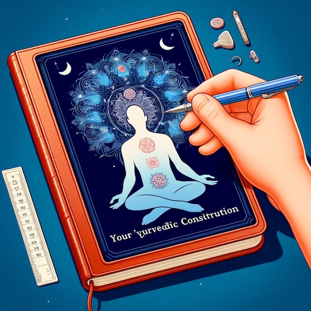 Ein aufgeschlagenes Notizbuch mit einem Stift, das die Selbstanalyse und Reflexion darstellt, die zur Bestimmung des eigenen ayurvedischen Konstitutionstyps erforderlich sind