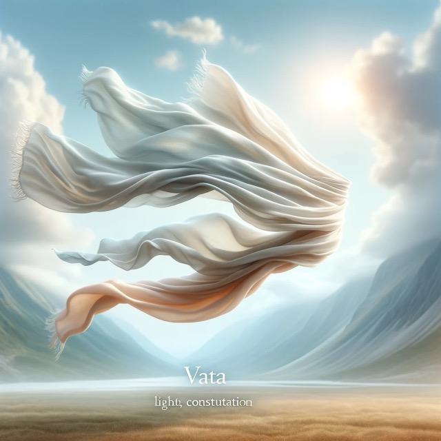 Eine leichte, luftige Szene mit einem fließenden Tuch im Wind, das die Vata-Konstitution repräsentiert, die durch Leichtigkeit, Bewegung und Kreativität gekennzeichnet ist