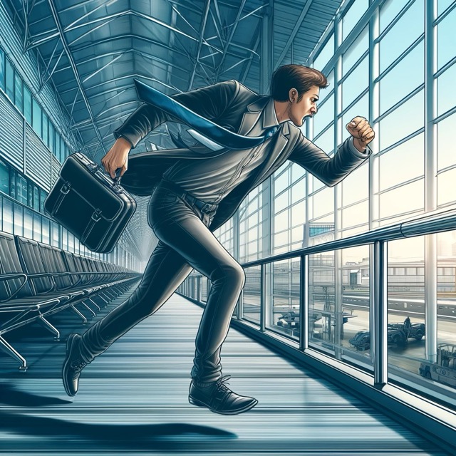 Ein gestresster Geschäftsreisender, der durch einen Flughafen eilt, veranschaulicht die Herausforderungen und den Stress eines anspruchsvollen Berufslebens