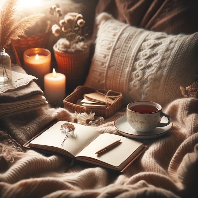 Eine gemütliche Szene mit einem aufgeschlagenen Tagebuch und einer Tasse Tee daneben, die das tägliche Nachdenken und Tagebuchschreiben symbolisiert. Die Kulisse umfasst eine gemütliche, warme