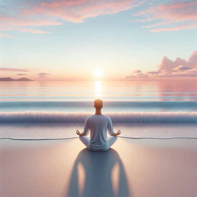 Eine Person in meditativer Haltung an einem ruhigen Strand bei Sonnenaufgang, die Ruhe und innere Ausgeglichenheit symbolisiert. Der Strand hat sanfte Wellen, einen klaren Himmel mit sanften 