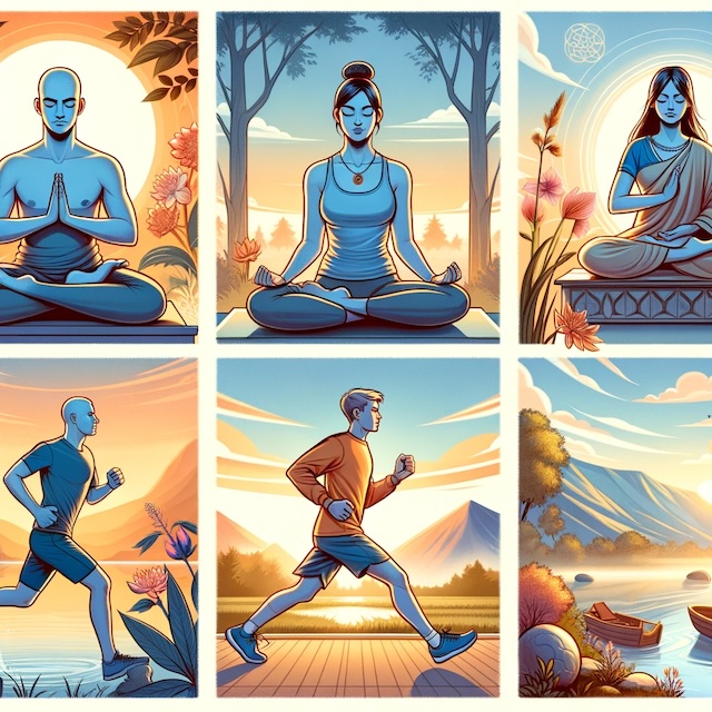 Verschiedene morgendliche Aktivitäten wie Yoga, Meditation und Jogging, die jeweils auf die Vata-, Pitta- und Kapha-Konstitutionen zugeschnitten sind.jpg
