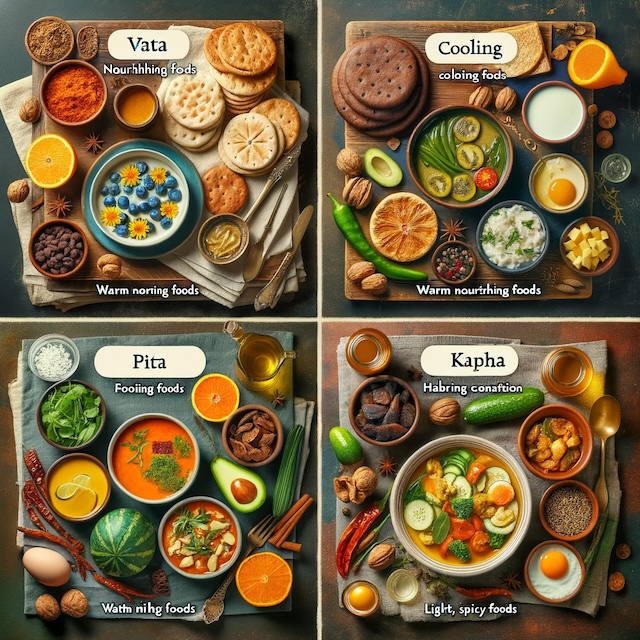 Eine Vielzahl von gesunden Gerichten, die jeweils für verschiedene ayurvedische Konstitutionstypen geeignet sind, mit warmen, nährenden Speisen für Vata, kühlenden, milden Speisen 