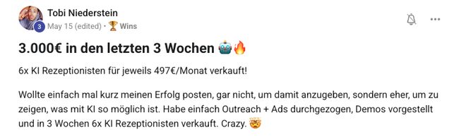 Community-Post: 3.000€ in den letzten 3 Wochen, 6 KI-Rezeptionisten verkauft