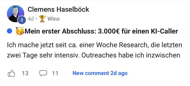 Community-Post: Erster Abschluss 3.000€ für einen KI-Caller nach einer Woche