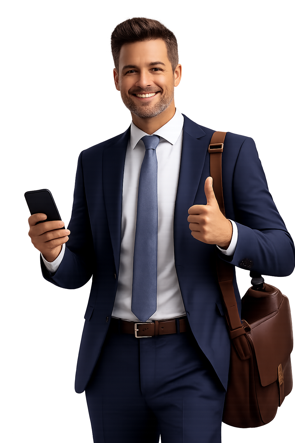 Geschäftsmann mit Smartphone und Daumen hoch.png