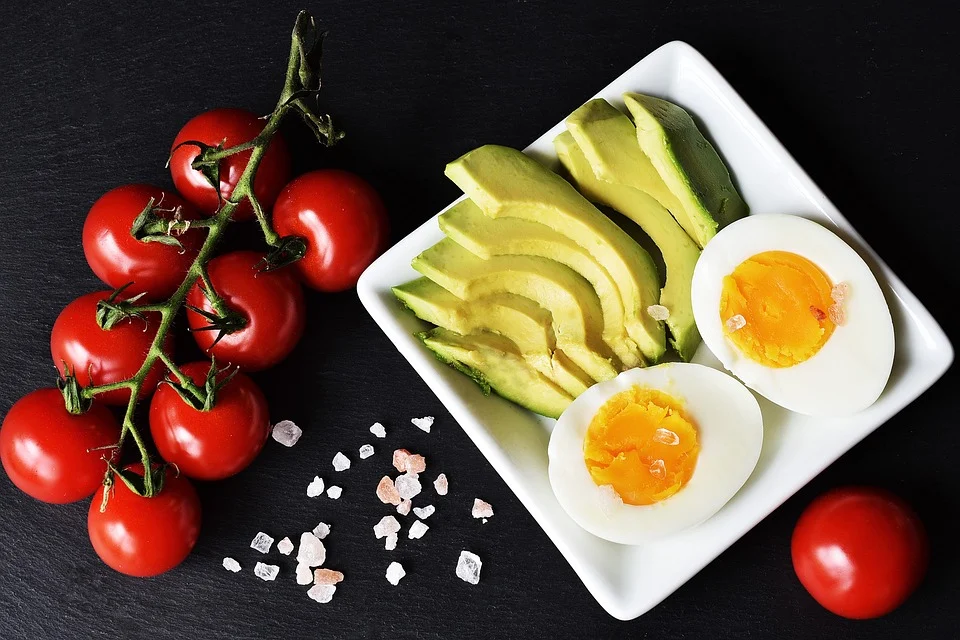Avocado, Tomaten und Eier auf einem weißen Teller. Diese Lebensmittel können mit einem Kalorienrechner getrackt werden.