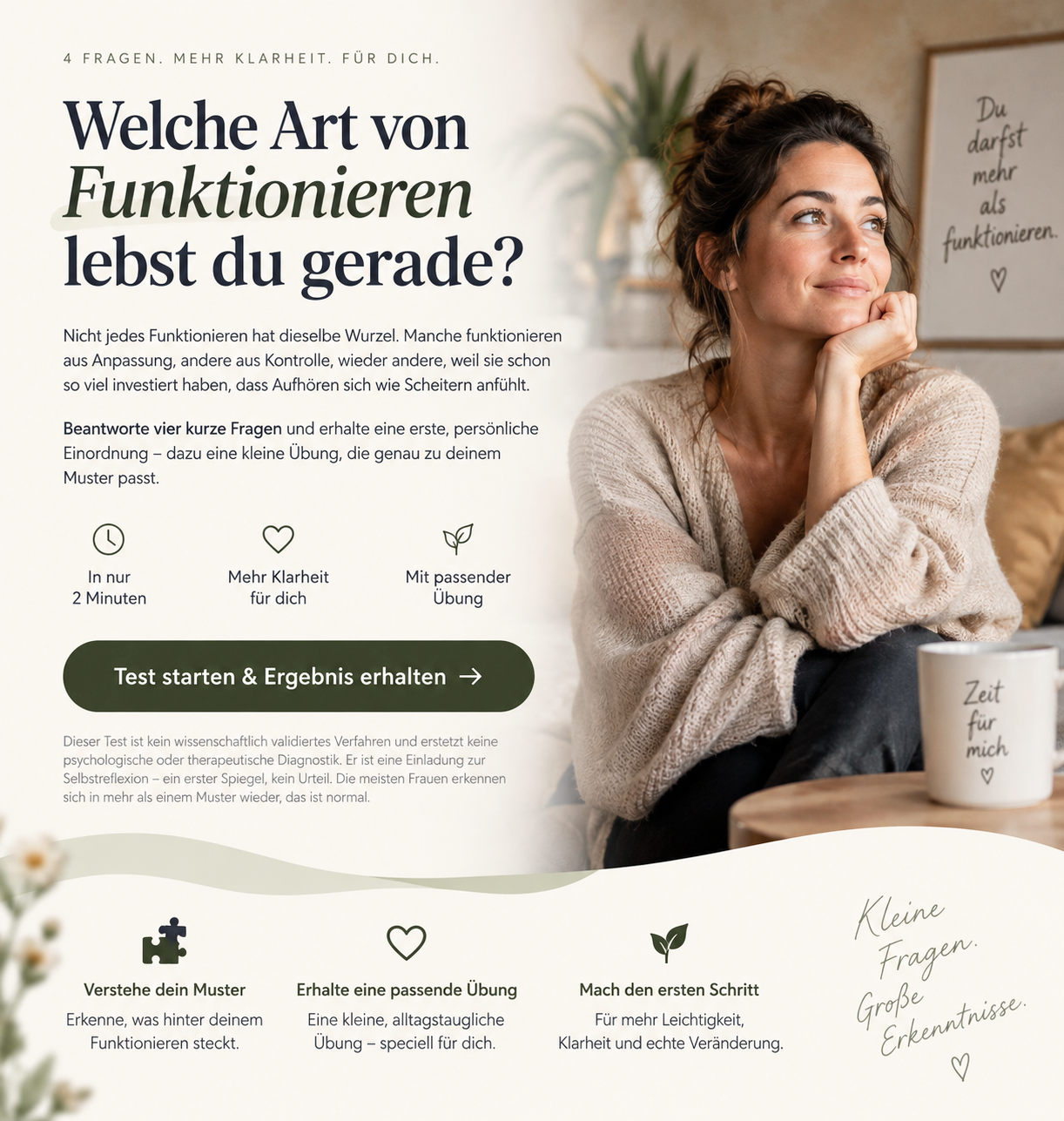 Moderne Landingpage für einen Selbstreflexions-Test zum Thema „Welche Art von Funktionieren lebst du gerade?“. Rechts sitzt eine nachdenkliche Frau in gemütlicher Atmosphäre, links stehen Informationen zum kurzen 4-Fragen-Test, einer persönlichen Einordnung und einer passenden Übung sowie ein großer Button zum Starten des Tests.