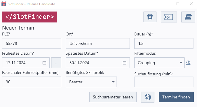 Eingabemaske SlotFinder