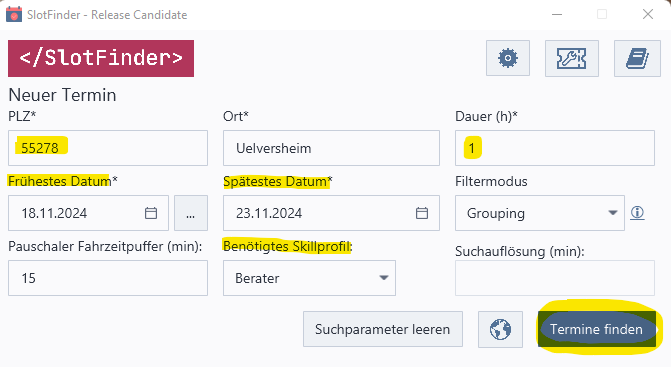 Eingabemaske SlotFinder besser als Terminplanung mit Excel