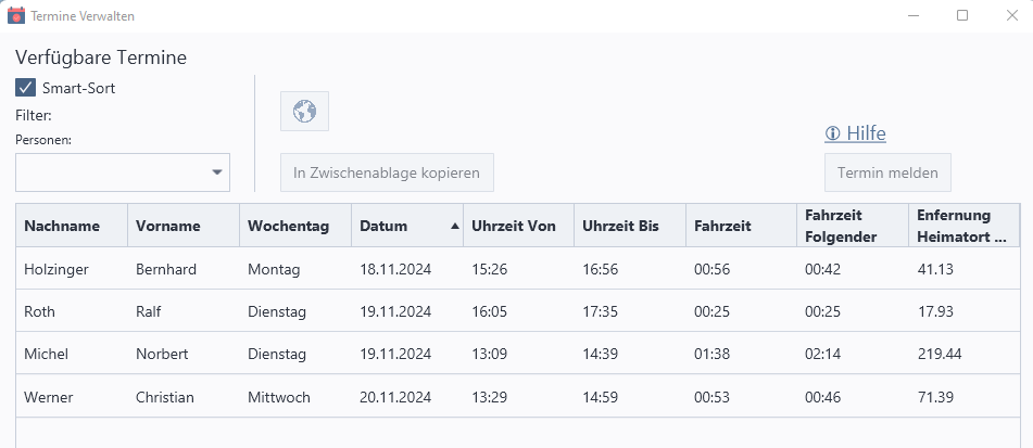 Ergebnisliste Terminvorschläge SlotFinder Outlook Terminplanung