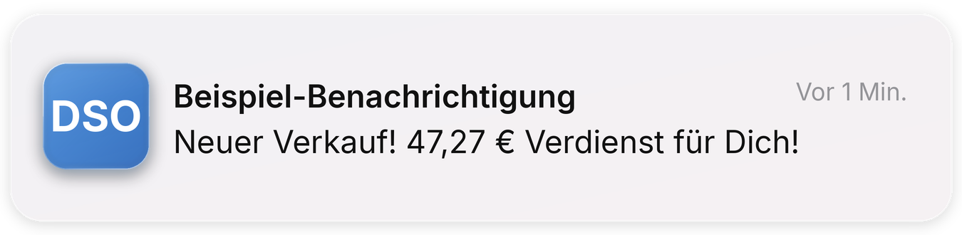 Beispiel-Benachrichtigung: Neuer Verkauf, vor 1 Minute