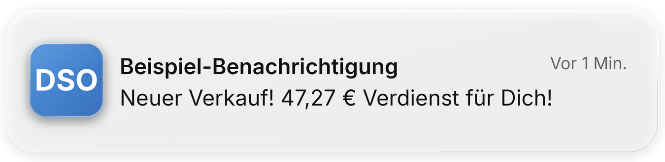 Beispiel-Benachrichtigung: Neuer Verkauf, vor 1 Minute