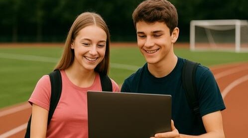 Schülerin und Schüler mit Laptop Sportler-Nachhilfe Online