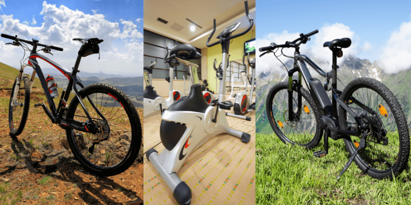 ein normales Fahrrad, ein Ergometer und ein E-Bike