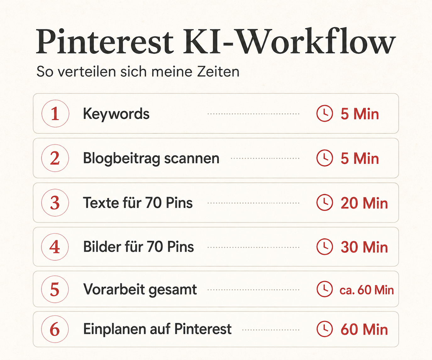 Die fünf Schritte im Pinterest KI Workflow von Keyword bis Einplanen