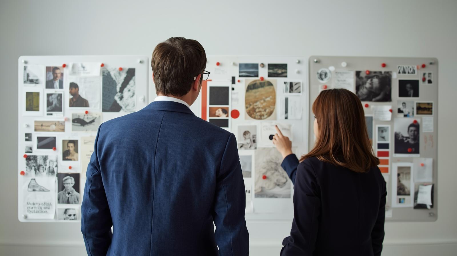 Fotografischer Stil, 16_9 Format. Rückansicht zweier Personen (ein Mann, dunkelbraune haare, brille mit tropfenformgläsern, ca. 180cm groß, eine Frau) in einem minimalistischen, modernen Atelier mit Atelierlicht. B.jpg