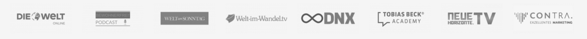 Die Welt, Bewohnerfrei Podcast, Welt am Sonntag, Welt im Wandel TV, DNX, Tobias Beck Academy, Neue Horizonte TV und Contra