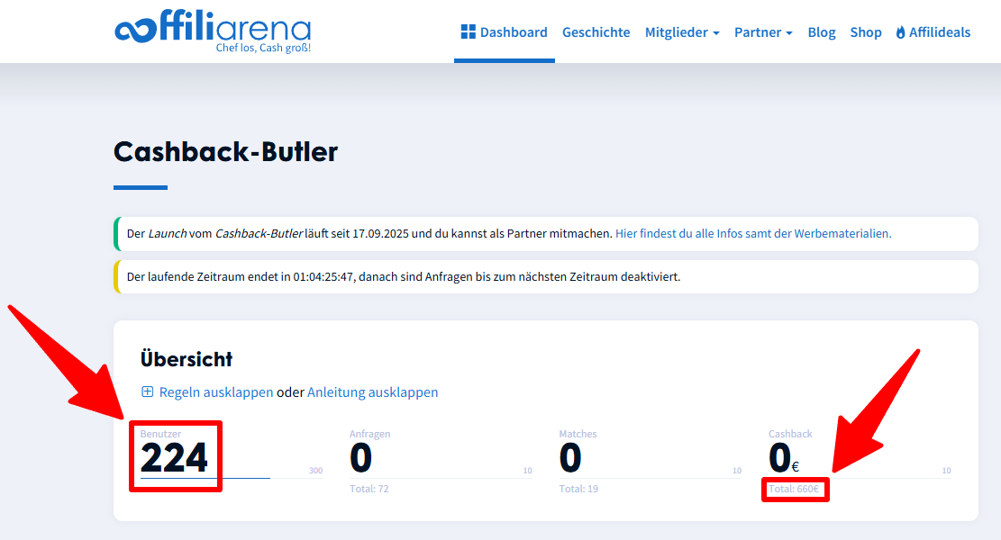 Screenshot des Cashback Butler Dashboards, um den Überblick über Nutzer und verdiente Provisionen zu zeigen