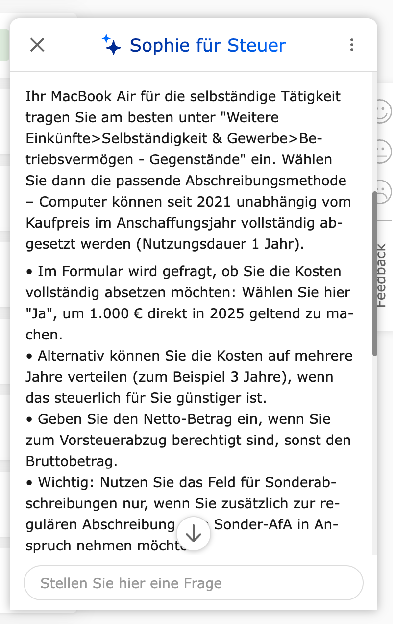 Check24 KI-Chat Beispiel MacBook Abschreibung