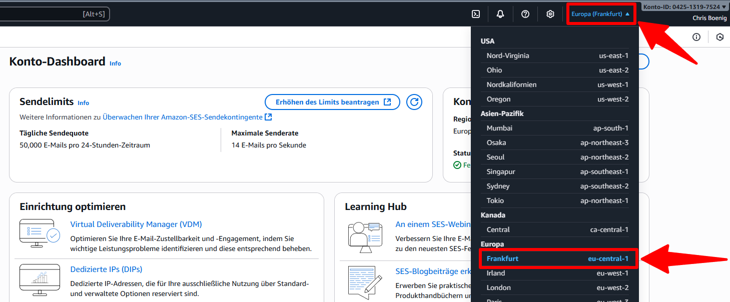 AWS-Anmeldeseite mit Region-Auswahl