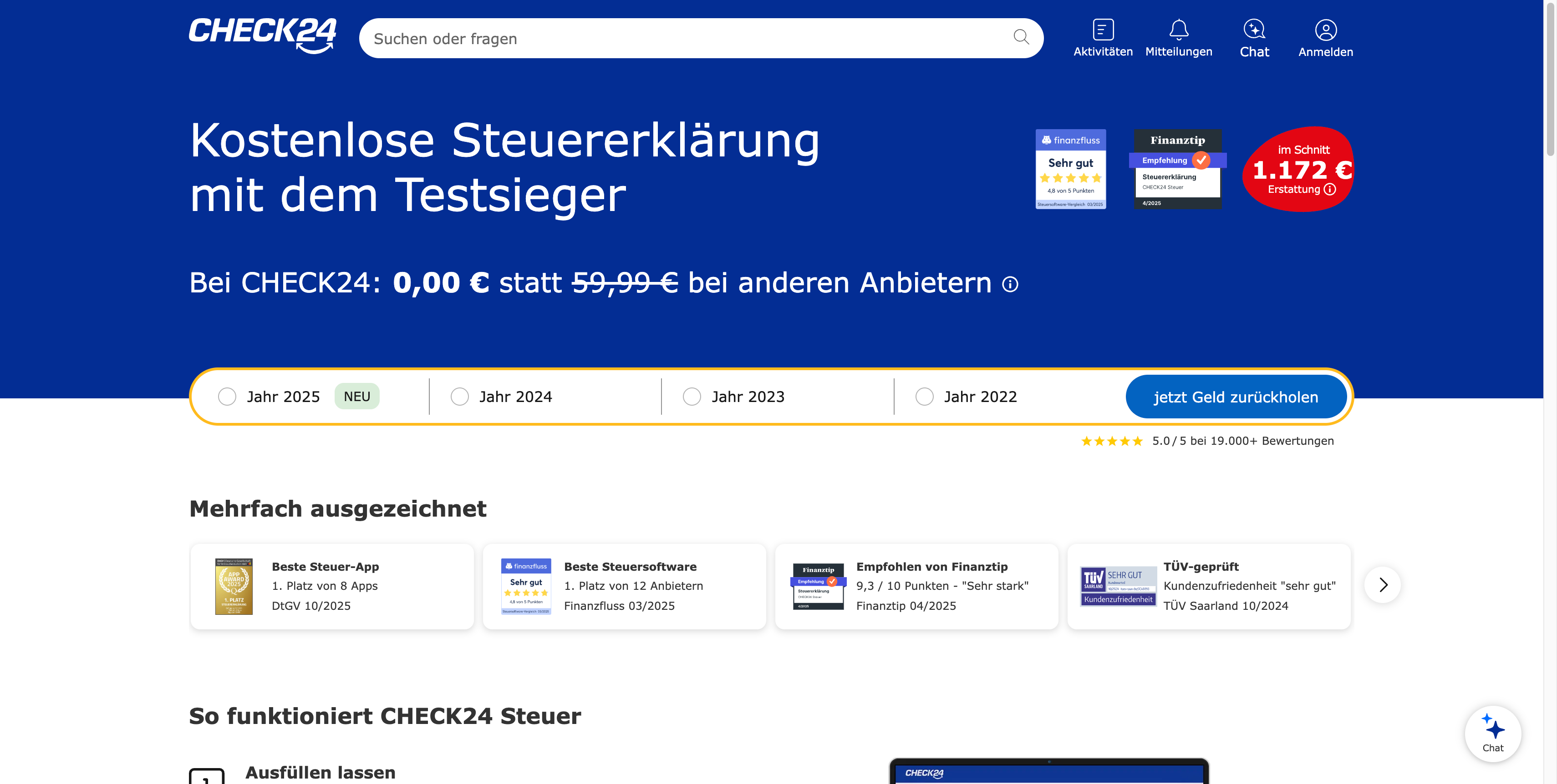 Check24 Steuer Startseite mit Testsieger und 1.172 € Durchschnittserstattung
