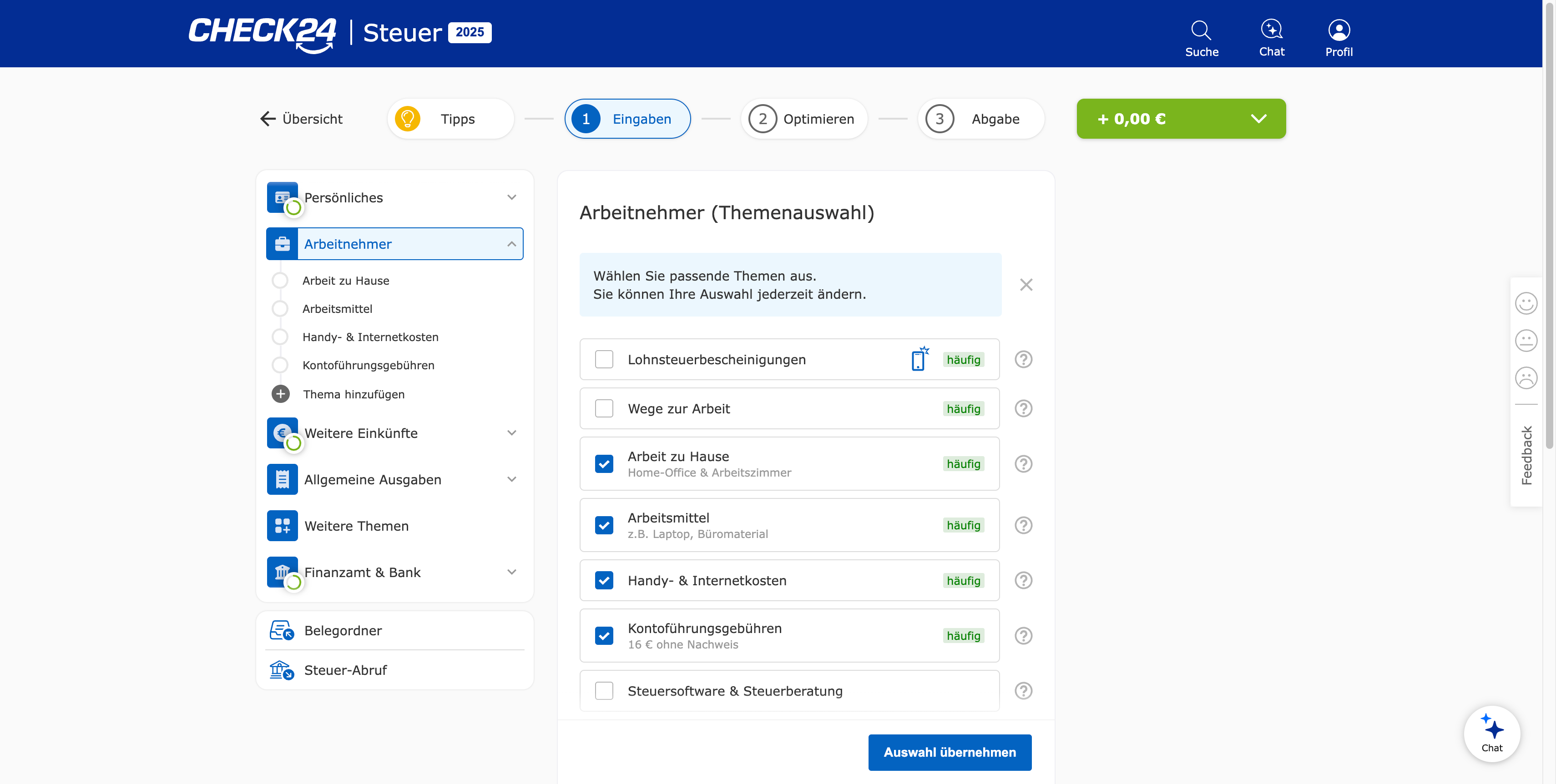 Check24 Themen auswählen für die Steuererklärung