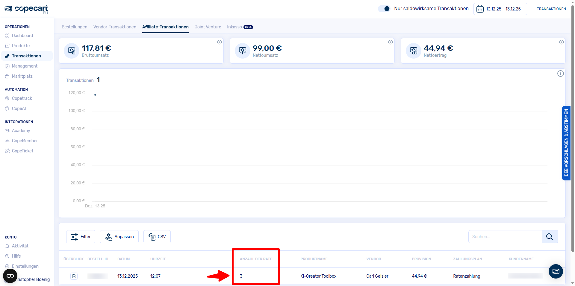 Screenshot der Digistore-Provision mit 554€ und den 12 Raten
