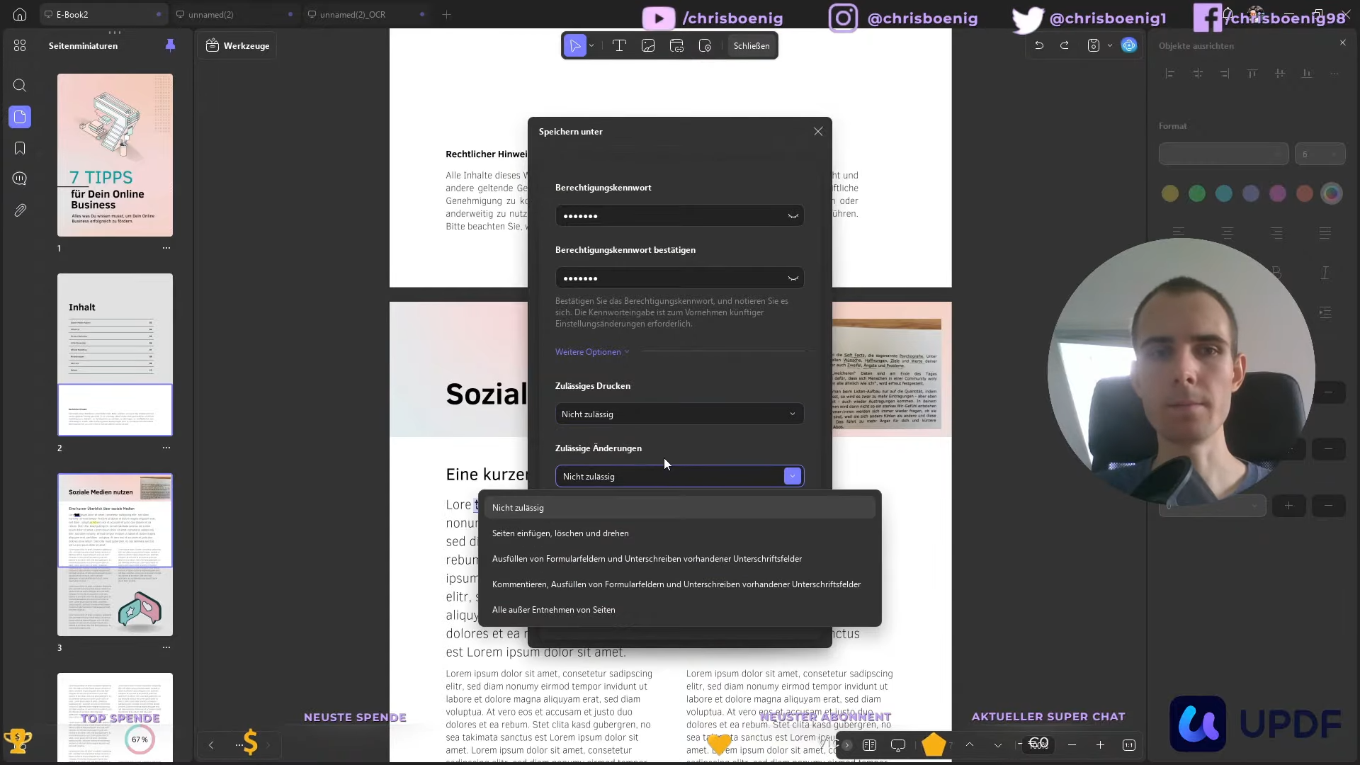 Screenshot des Passwort-Dialogs und Seiten-Übersicht