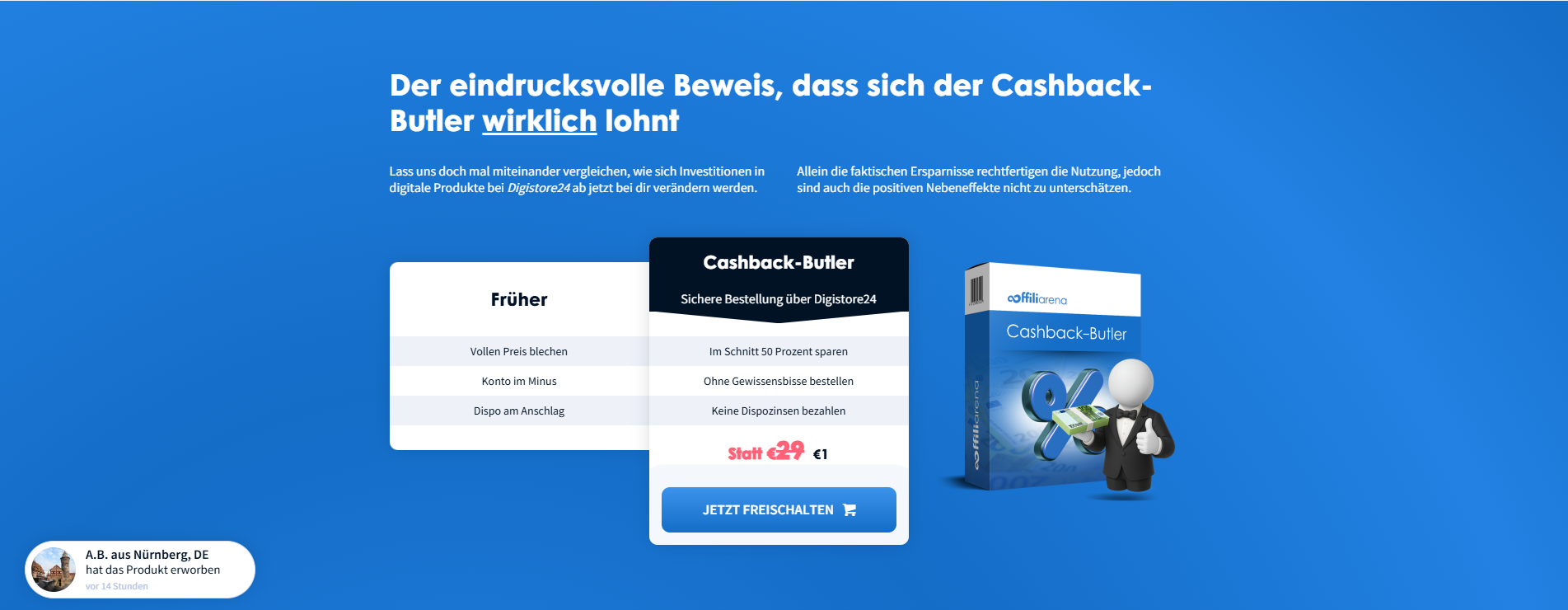 Screenshot der Anmeldungsseite, mit dem 1-Euro-Angebot hervorgehoben