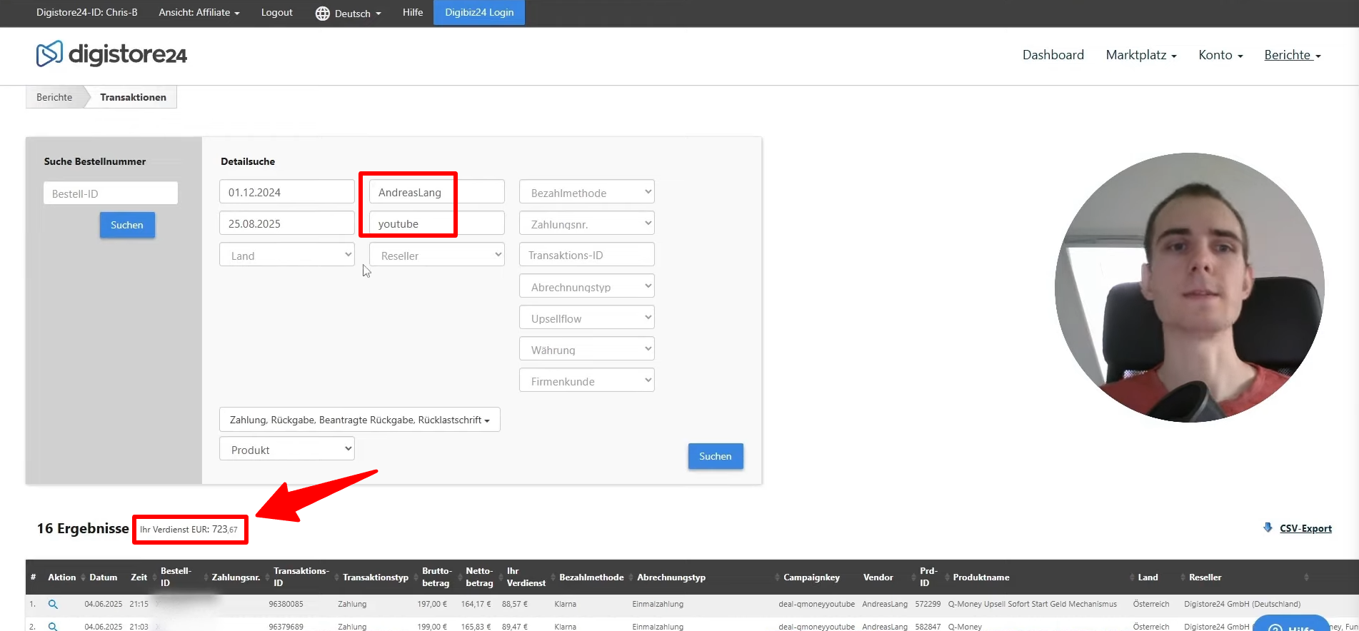 Mein Digistore-Dashboard mit 723 € aus einem einzigen YouTube-Review