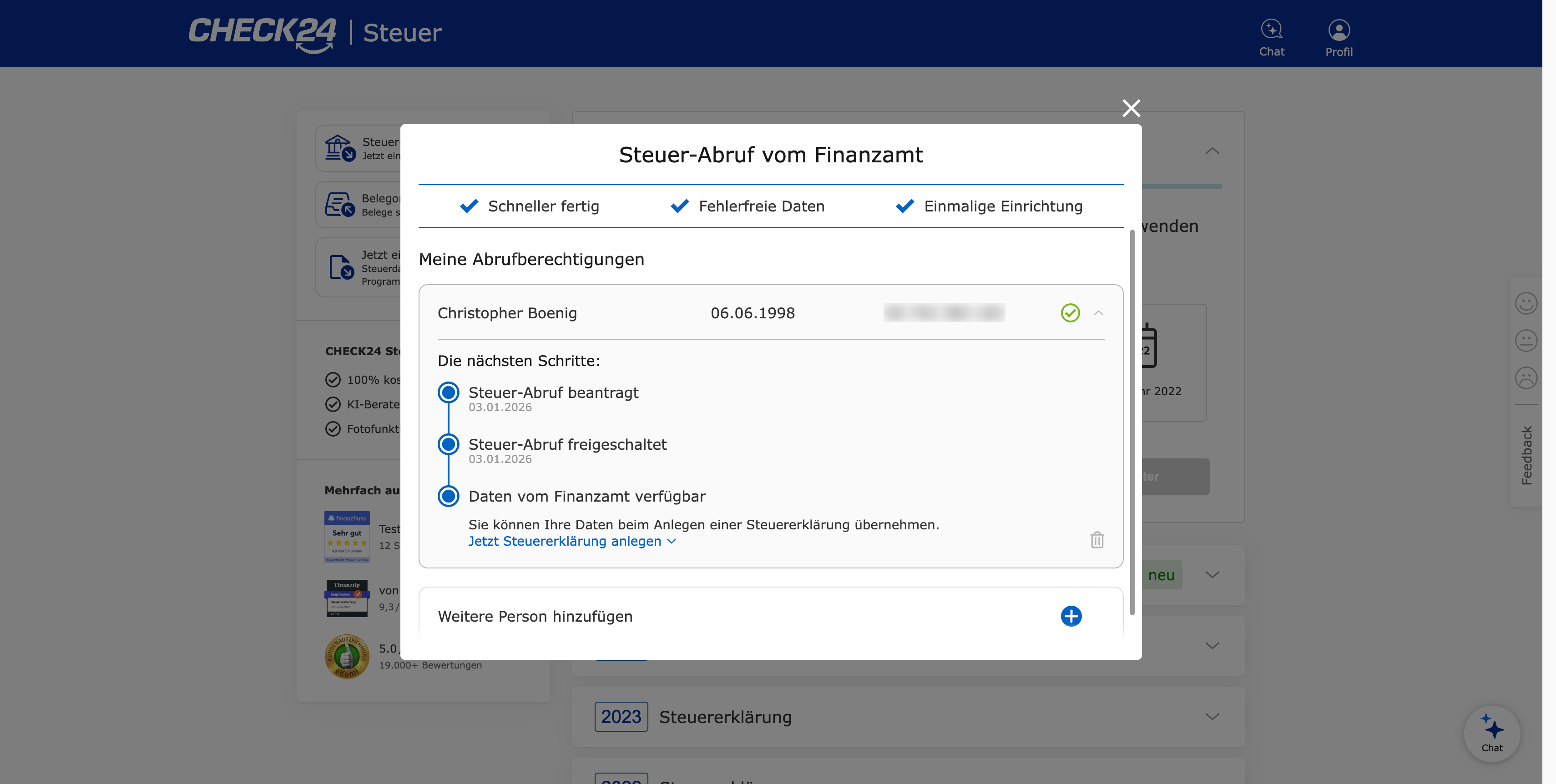 Elster Freigabe für Check24 Steuerdatenabruf