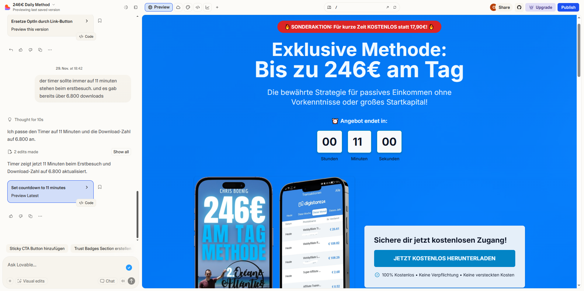 Screenshot der generierten Landing Page aus dem Video, mit Freebie als Beispiel