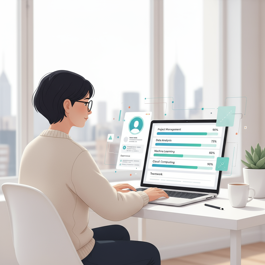 Nahaufnahme eines modernen Lebenslaufs auf einem Tisch oder Bildschirm, mit übersichtlicher Skill-Matrix: Balkendiagramme oder Stufen für verschiedene Kompetenzen. Keine echten Namen lesbar, nur Platzhalter. Minimalistisches, professionelles Design.