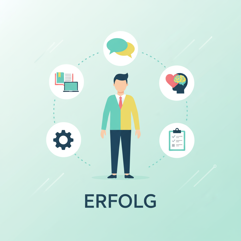 eine Person steht im Mittelpunkt, um sie herum fünf klare Icons für Fachkompetenz (Buch/Laptop), Sozialkompetenz (Sprechblasen), Selbstkompetenz (Herz oder Kopf), Methodenkompetenz (Zahnrad/Tool) und Handlungskompetenz (Checkliste/Haken). Helle Farben, klarer Business-Stil, minimalistischer Hintergrund, deutschsprachiger Kontext.